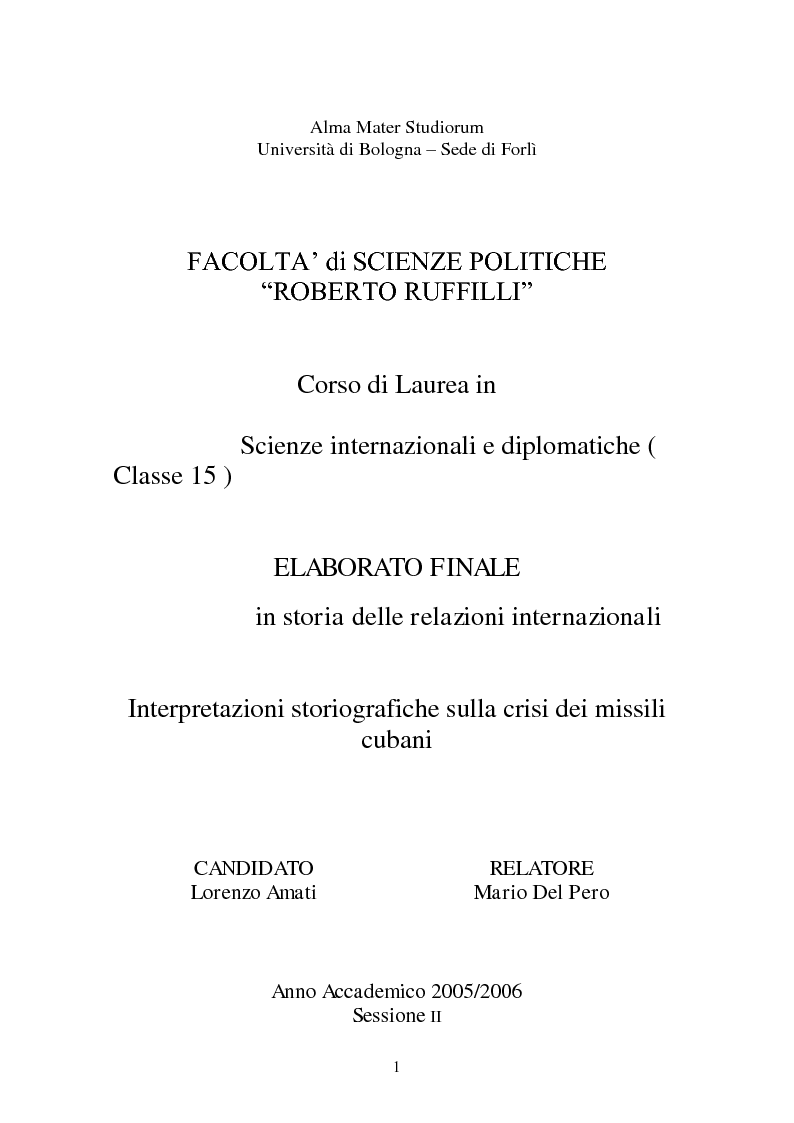 Anteprima della tesi: Interpretazioni storiografiche sulla crisi dei missili cubani, Pagina 1