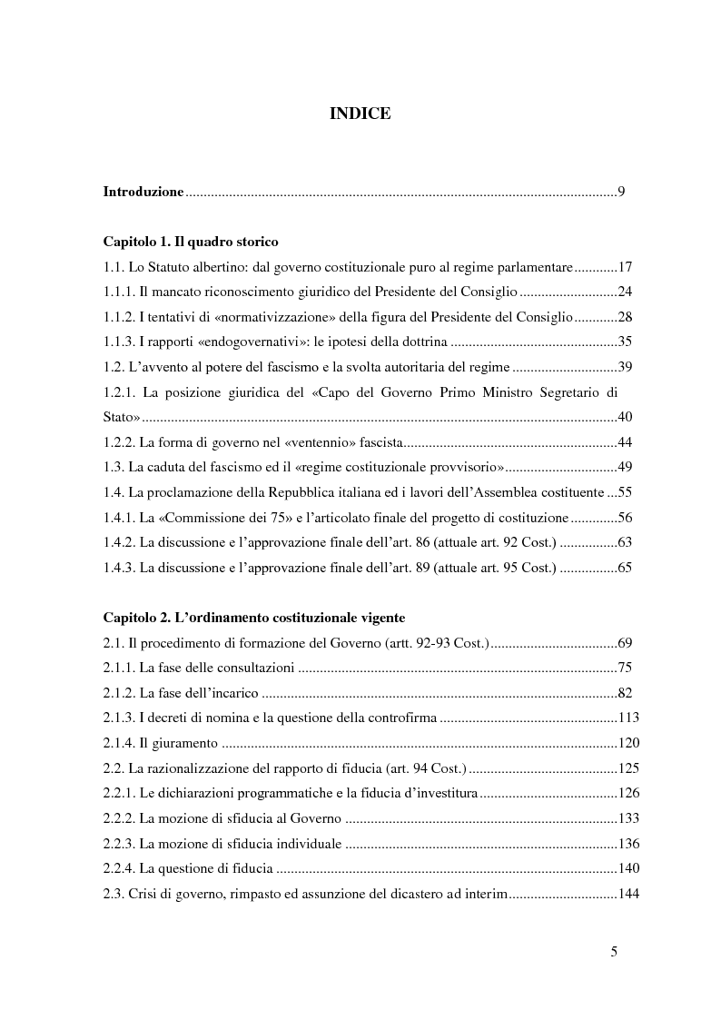 Indice della tesi: Il Presidente del Consiglio nell'evoluzione della forma di governo, Pagina 1