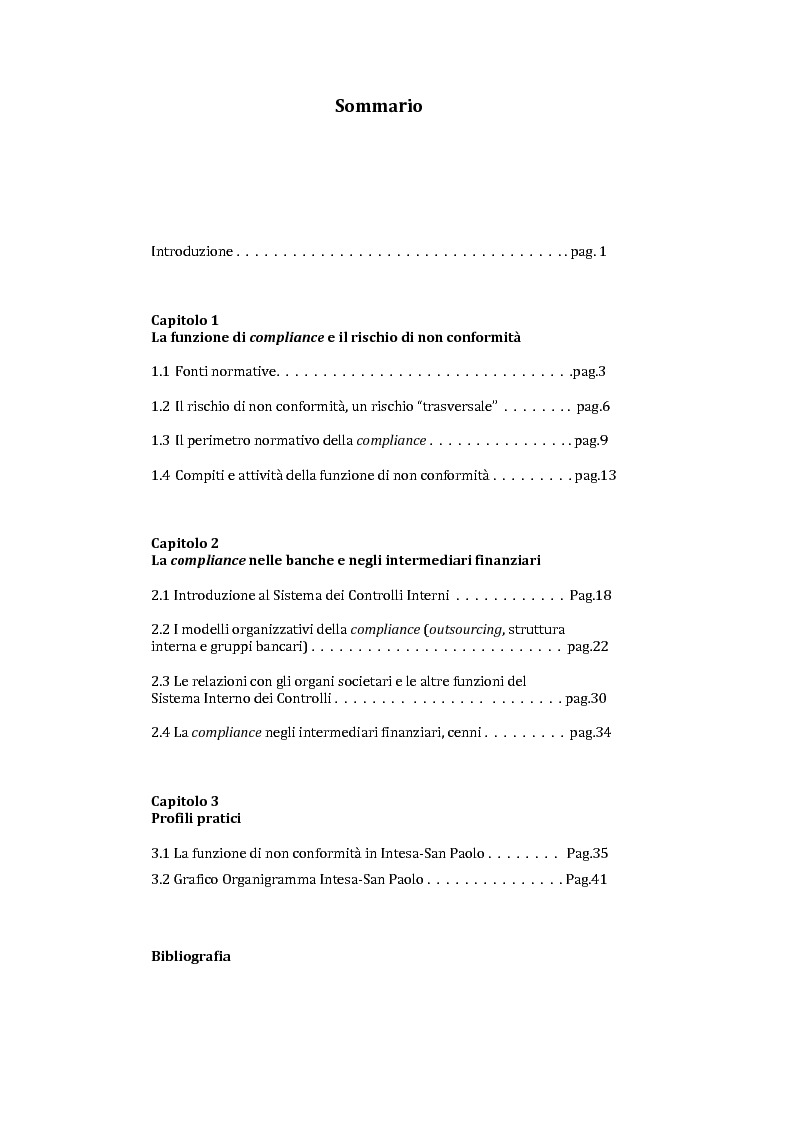 Indice della tesi: La compliance nel settore bancario: verso un nuovo modello di governance, Pagina 1