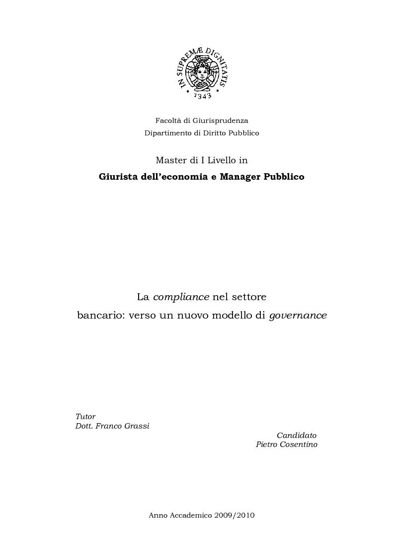 Anteprima della tesi: La compliance nel settore bancario: verso un nuovo modello di governance, Pagina 1