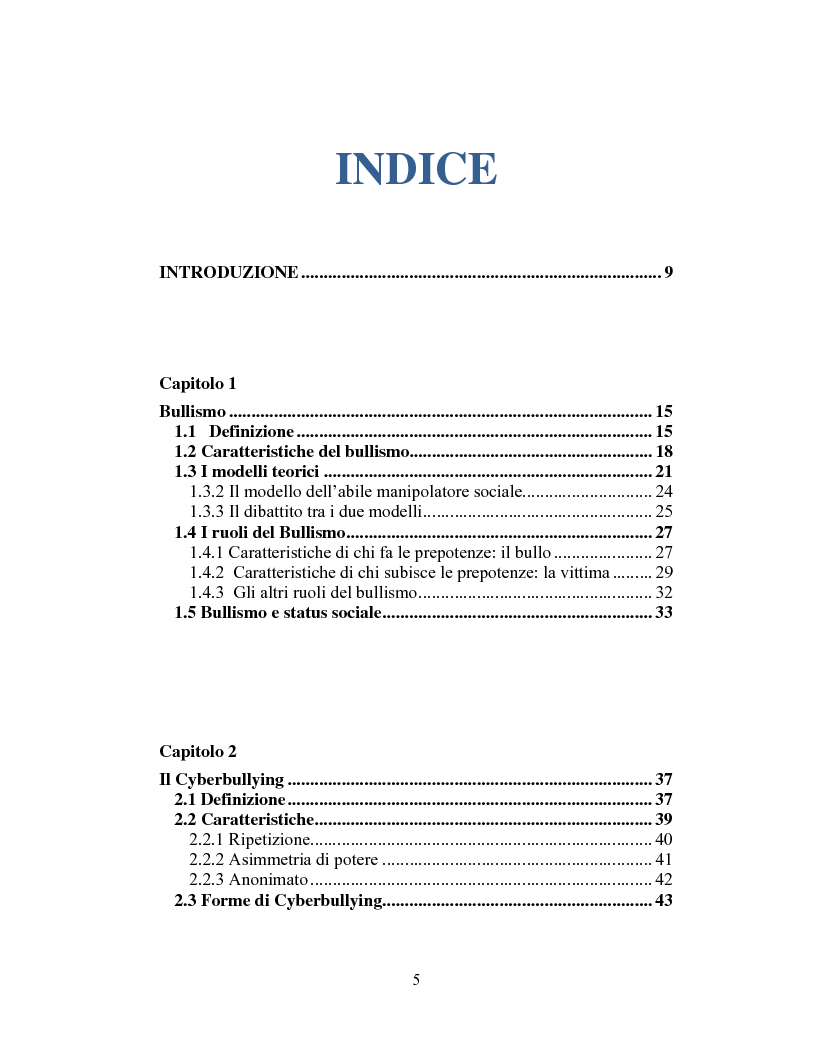 Indice della tesi: Dimensioni della moralità e dello status sociale nel bullismo e cyberbullismo, Pagina 1