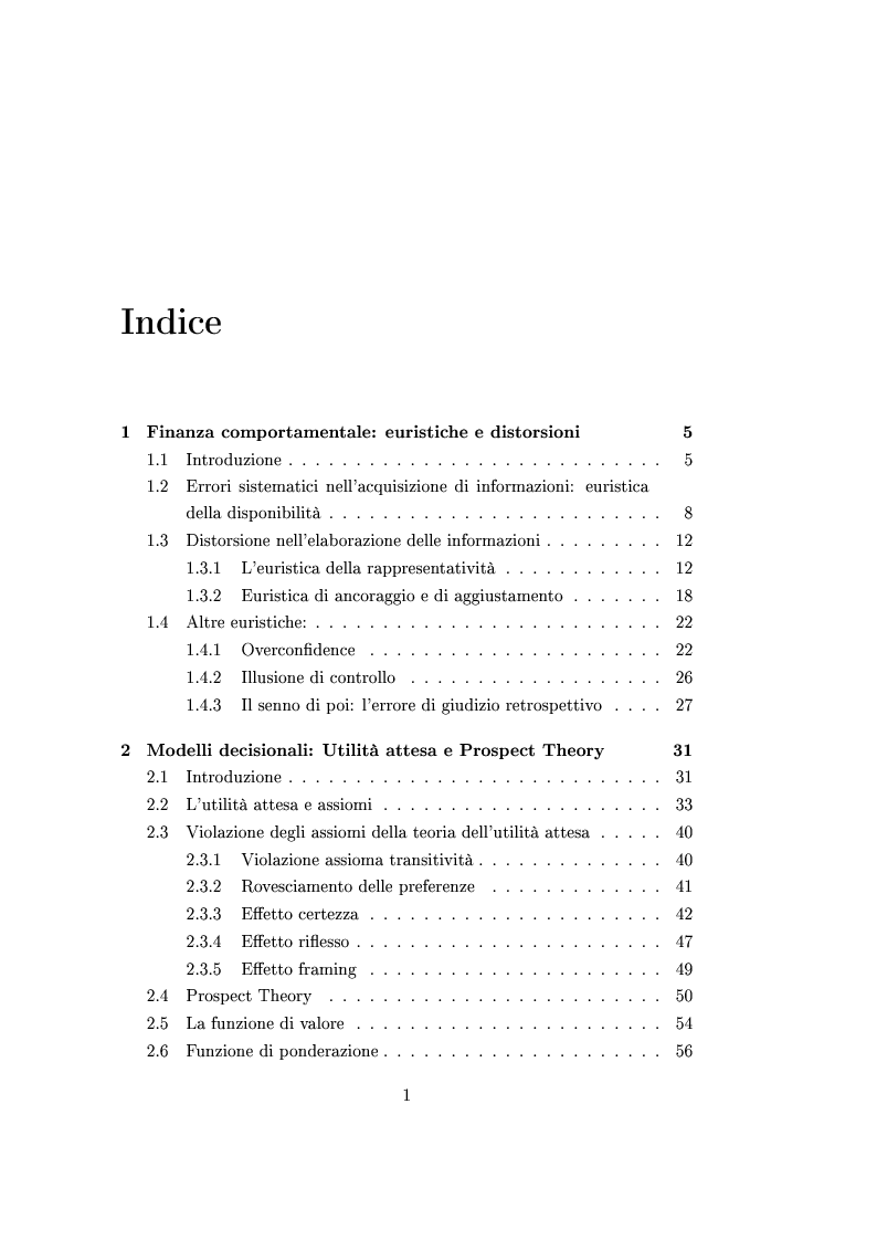 Indice della tesi: Finanza comportamentale e la valutazione del prezzo delle opzioni, Pagina 1