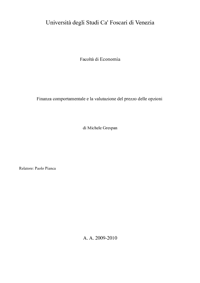 Anteprima della tesi: Finanza comportamentale e la valutazione del prezzo delle opzioni, Pagina 1