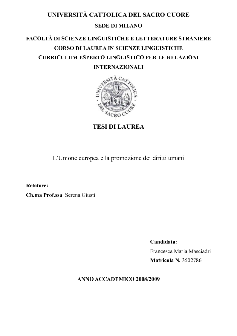 Anteprima della tesi: L'Unione Europea e la promozione dei diritti umani, Pagina 1