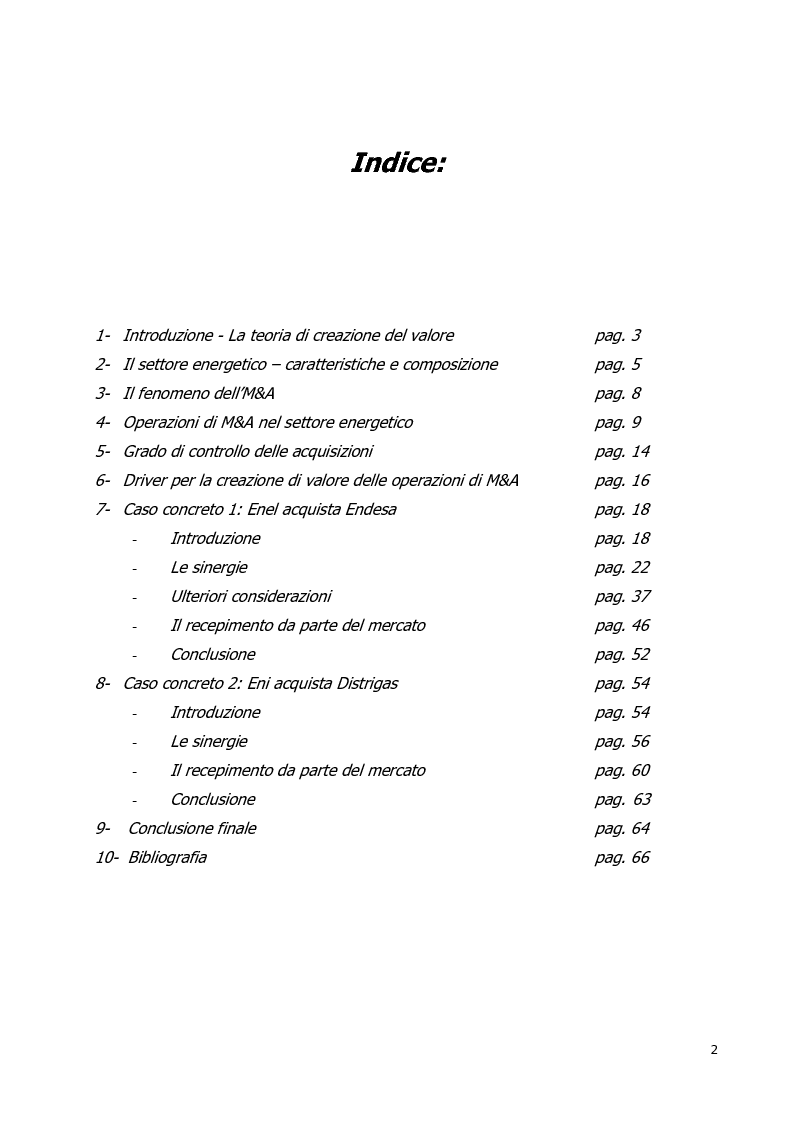 Indice della tesi: Le operazioni di M&A nel settore energetico: l’internazionalizzazione delle imprese italiane, Pagina 1