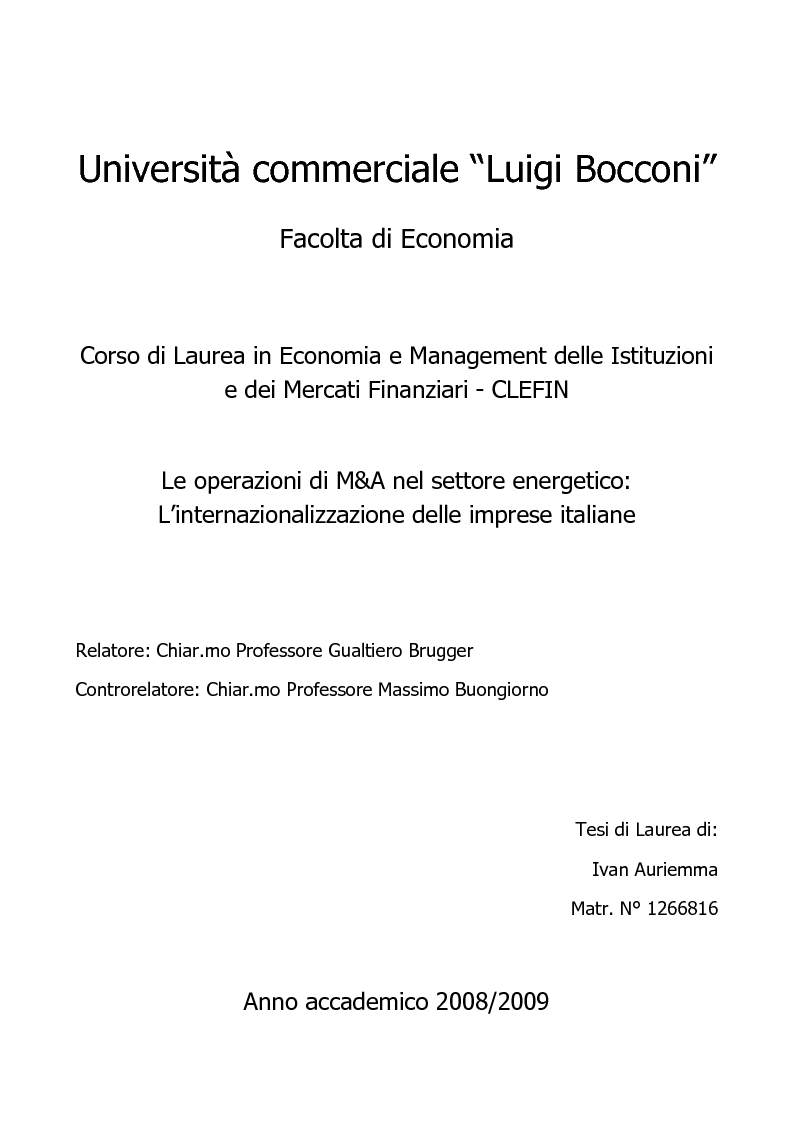 Anteprima della tesi: Le operazioni di M&A nel settore energetico: l’internazionalizzazione delle imprese italiane, Pagina 1