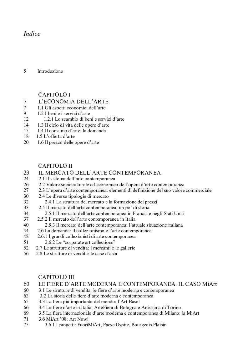 Indice della tesi: Il mercato dell’arte contemporanea e le fiere di settore: il caso MiArt, Pagina 1