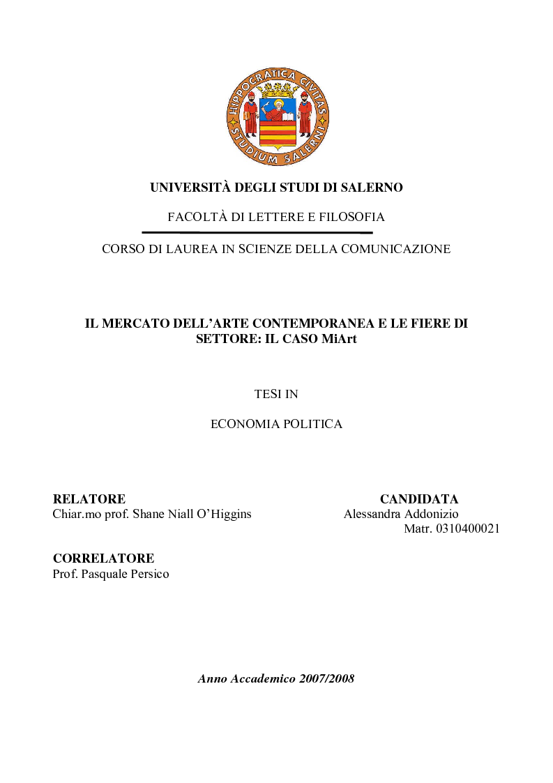 Anteprima della tesi: Il mercato dell’arte contemporanea e le fiere di settore: il caso MiArt, Pagina 1
