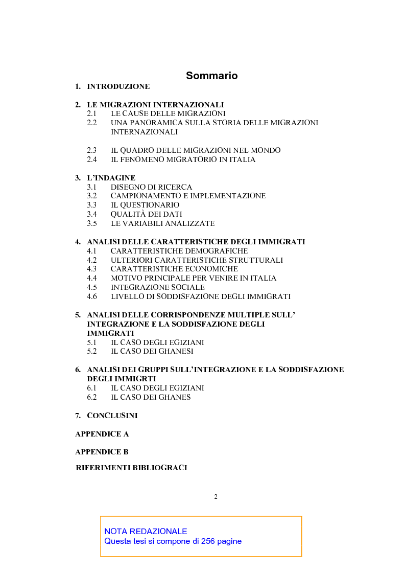 Indice della tesi: Analisi statistica semplice e multidimensionale dell'integrazione e soddisfazione degli immigrati in Italia. Il caso di egiziani e ghanesi, Pagina 1