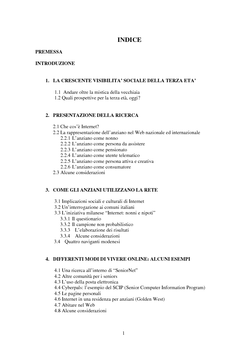 Indice della tesi: Internet e gli anziani: come la Rete rappresenta gli anziani e come gli anziani utilizzano la Rete, Pagina 1