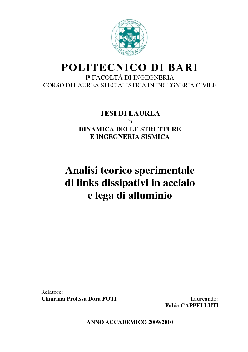 Anteprima della tesi: Analisi teorico-sperimentale di links dissipativi in acciaio e lega di alluminio, Pagina 1