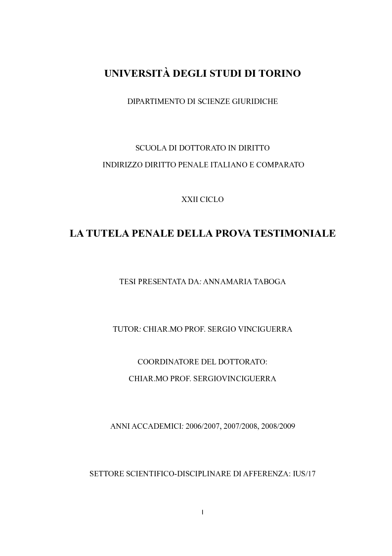 Anteprima della tesi: La tutela penale della prova testimoniale, Pagina 1