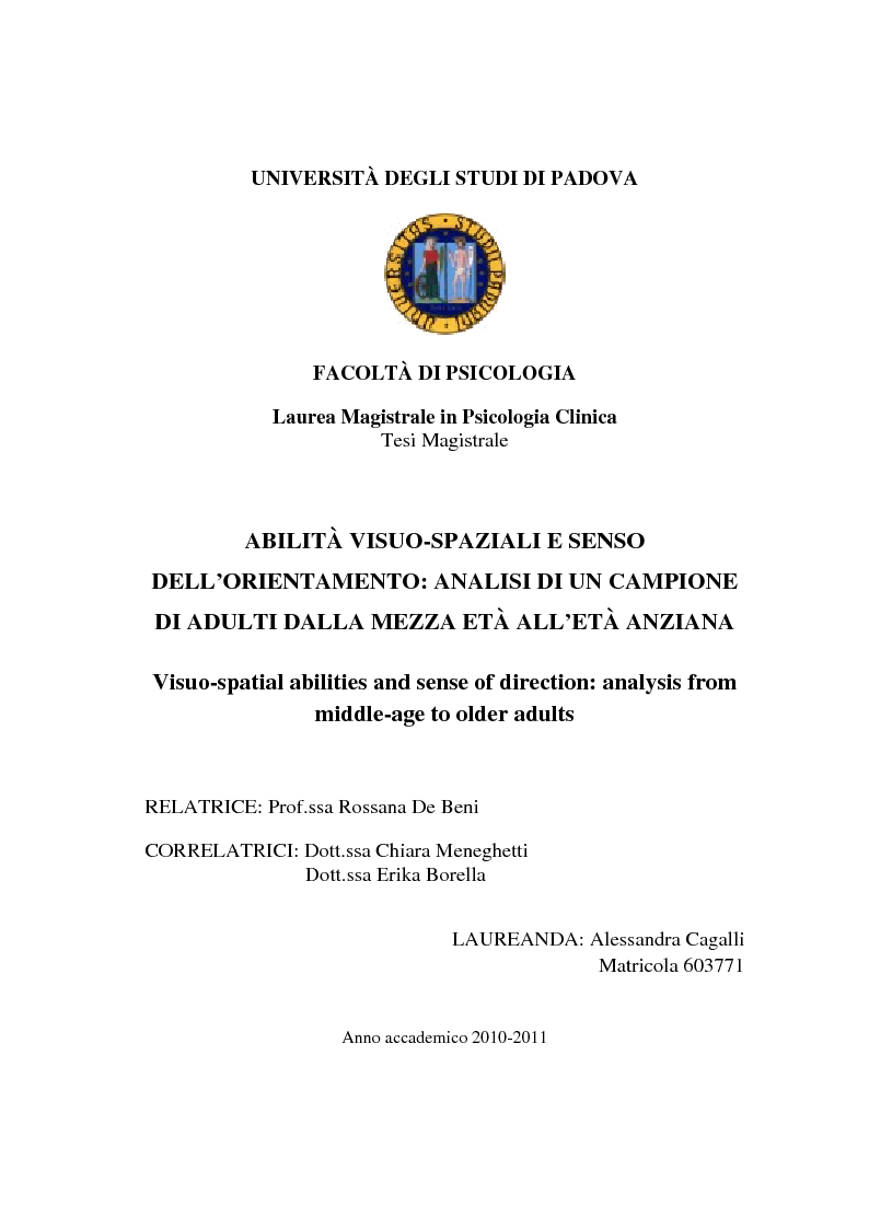 Anteprima della tesi: Abilità visuo-spaziali e senso dell’orientamento: analisi di un campione di adulti dalla mezza età all’età anziana, Pagina 1