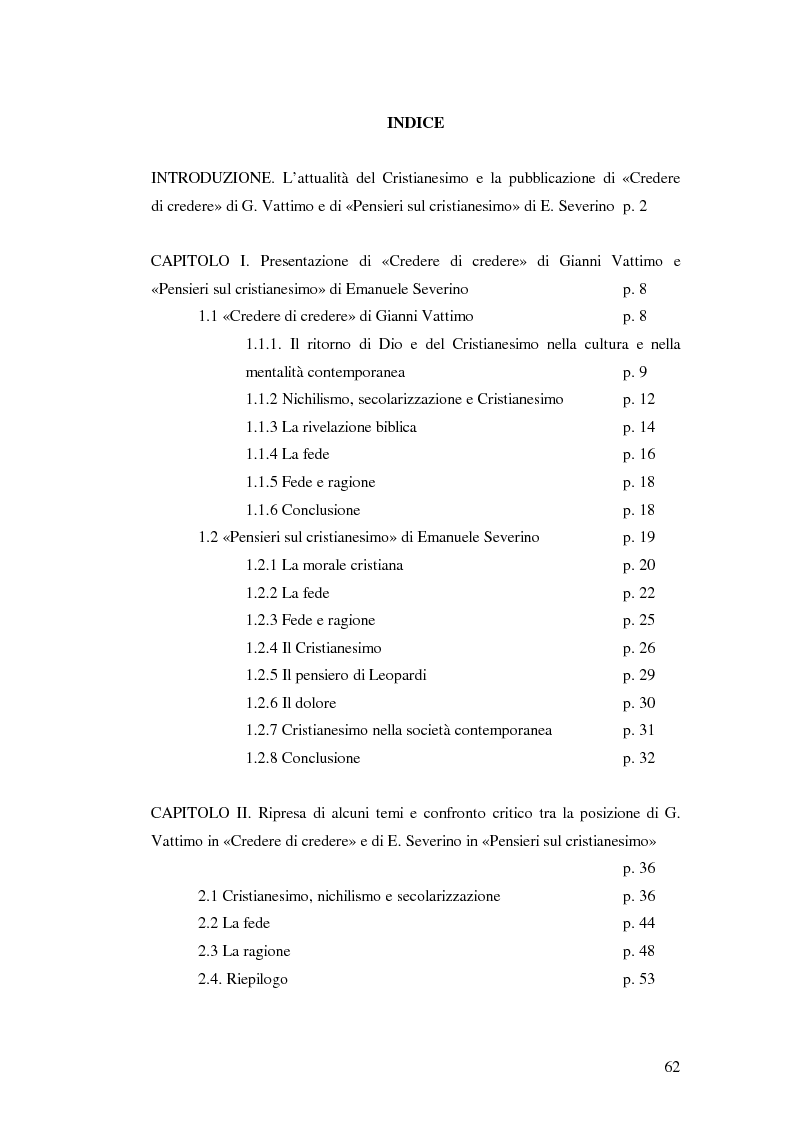 Indice della tesi: «Credere di Credere» di G. Vattimo e «Pensieri sul cristianesimo» di E. Severino: Confronto con il cristianesimo?, Pagina 1