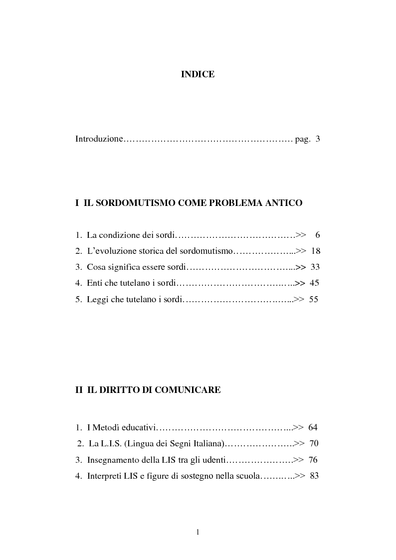 Indice della tesi: La voce del silenzio: un viaggio visivo ed educativo nel mondo dei sordi, Pagina 1