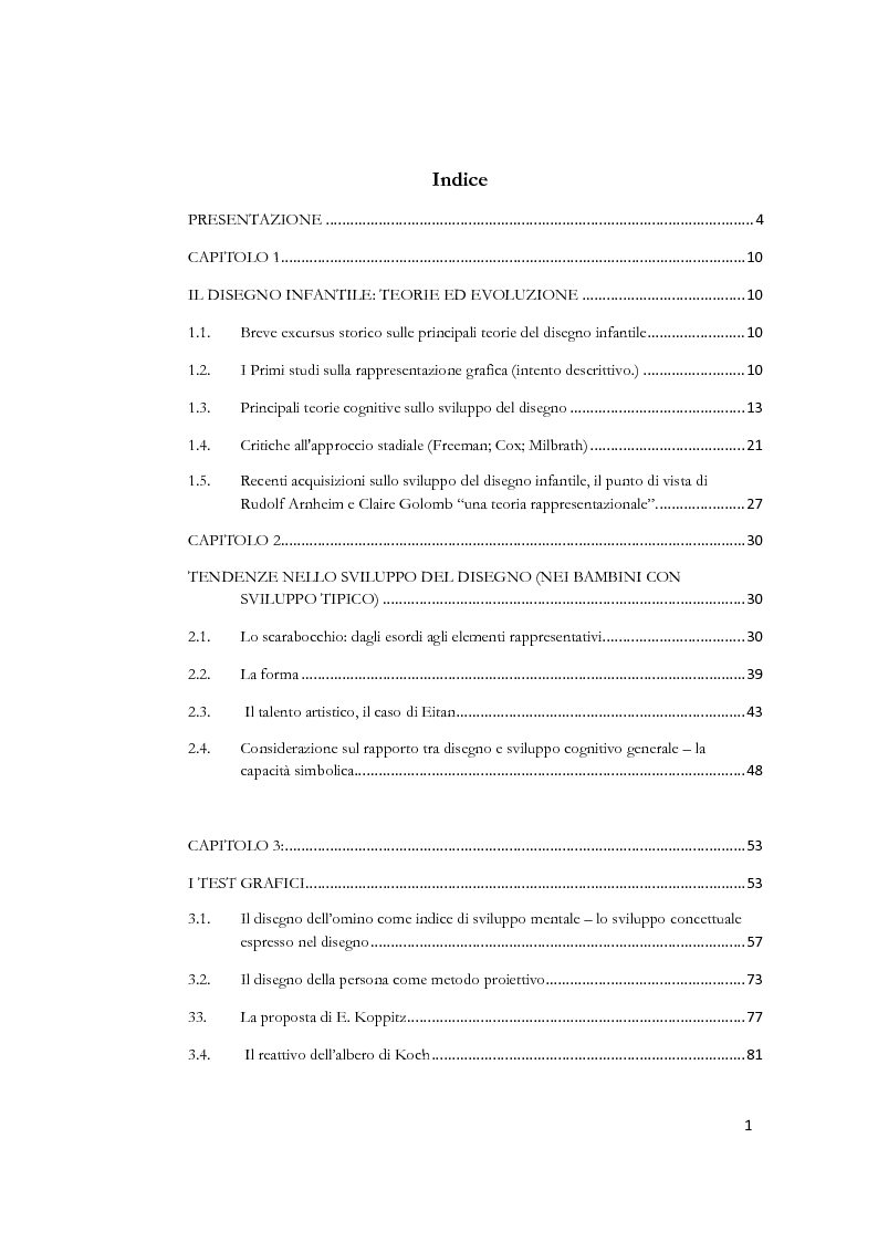 Indice della tesi: Approcci teorici e strumenti delle abilità grafiche nelle forme tipiche e atipiche dello sviluppo del bambino, Pagina 1