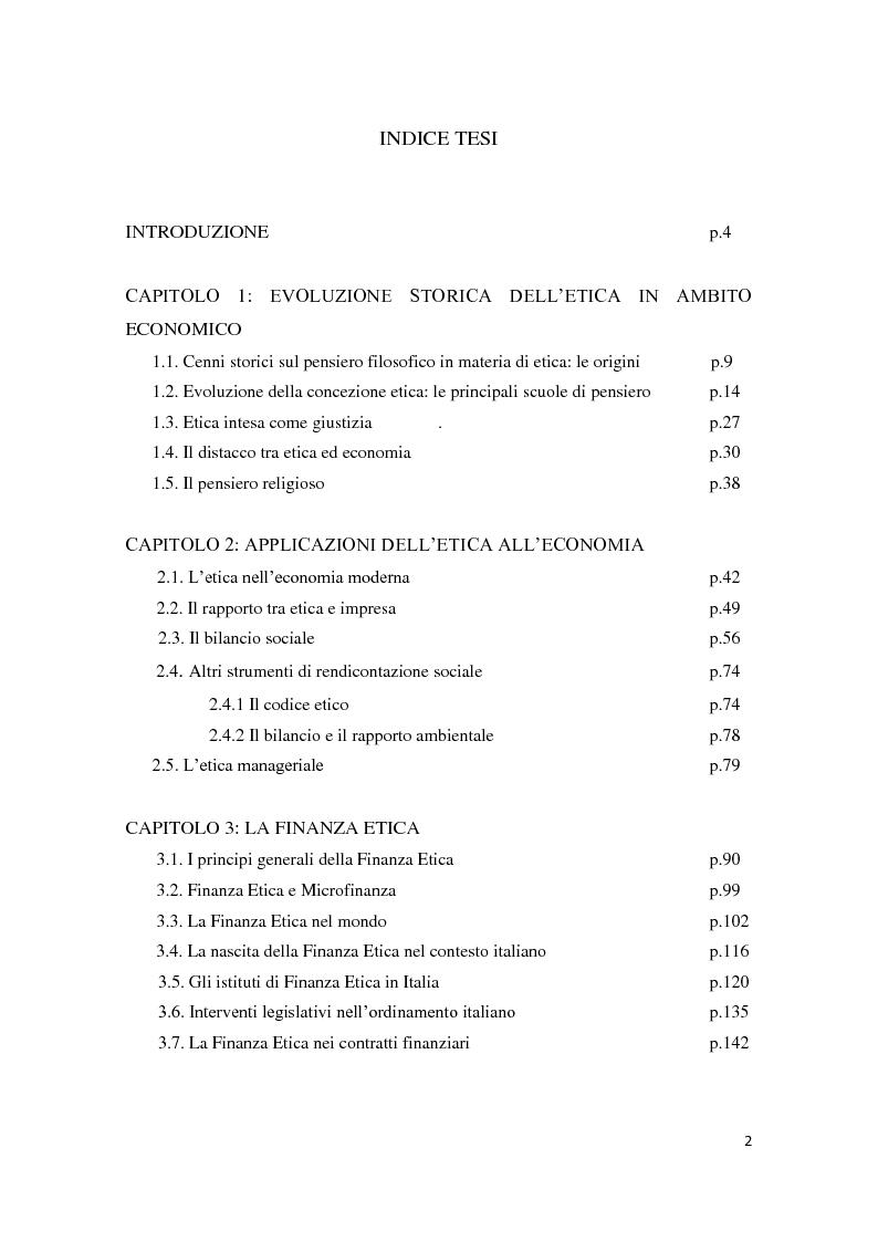 Indice della tesi: Economia ed etica: pensieri a confronto e applicazioni nell’economia italiana. Il caso di Banca Popolare Etica, Pagina 1