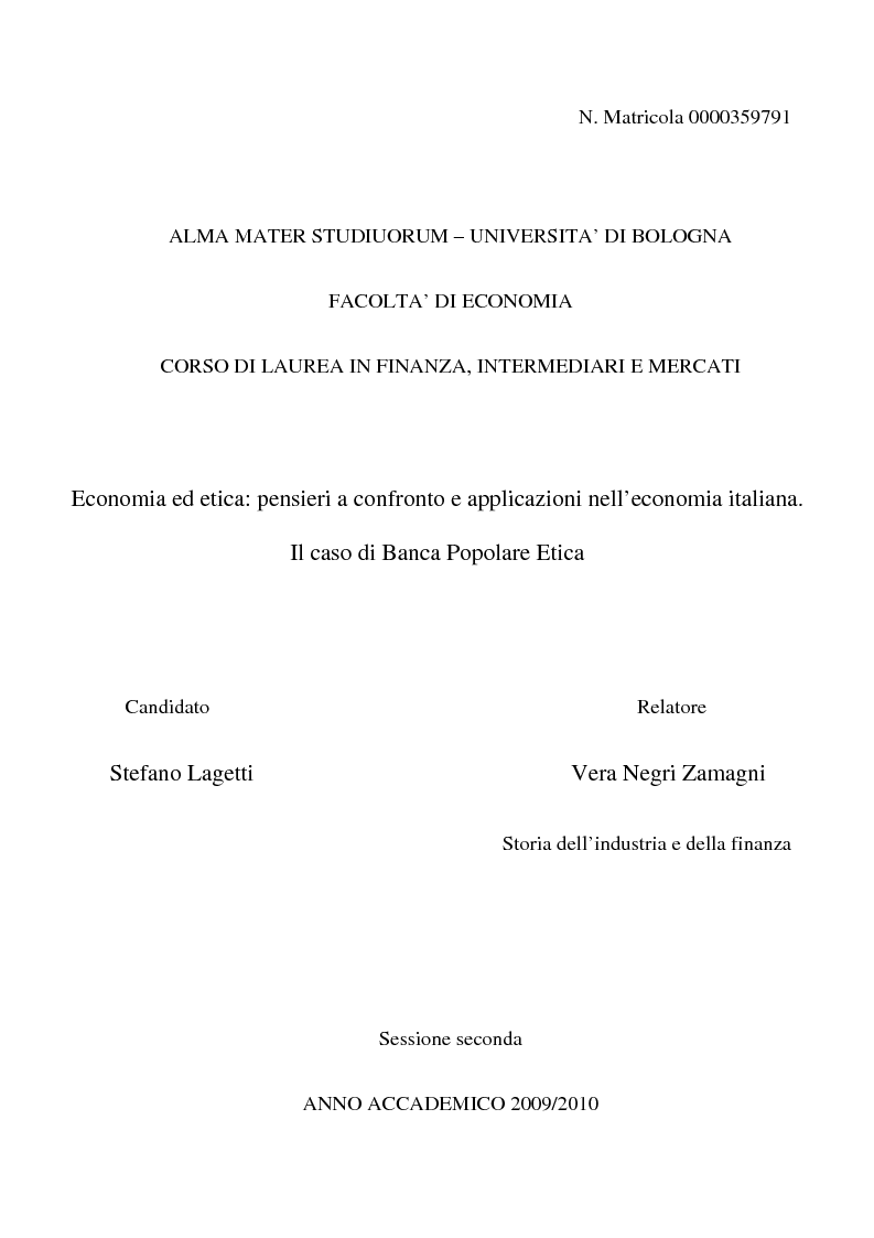 Anteprima della tesi: Economia ed etica: pensieri a confronto e applicazioni nell’economia italiana. Il caso di Banca Popolare Etica, Pagina 1