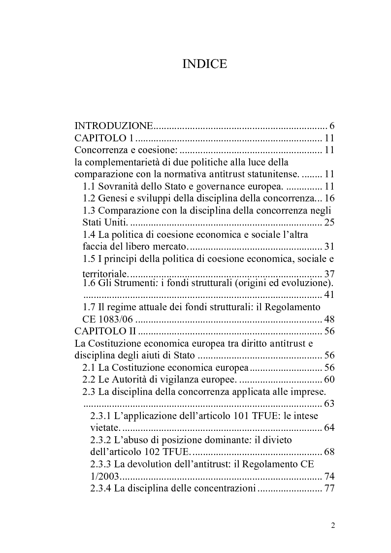Indice della tesi: Aiuti di Stato a finalità regionale tra concorrenza e coesione, Pagina 1