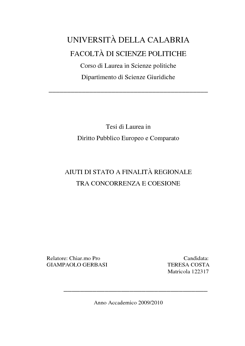 Anteprima della tesi: Aiuti di Stato a finalità regionale tra concorrenza e coesione, Pagina 1