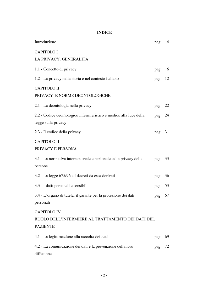 Indice della tesi: Privacy e professione infermieristica: il ruolo dell'infermiere nel trattamento dei dati personali del paziente, Pagina 1