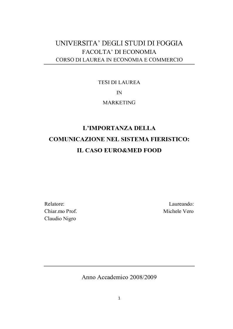 Anteprima della tesi: L'importanza della comunicazione nel sistema fieristico: il caso Euro&Med Food, Pagina 1