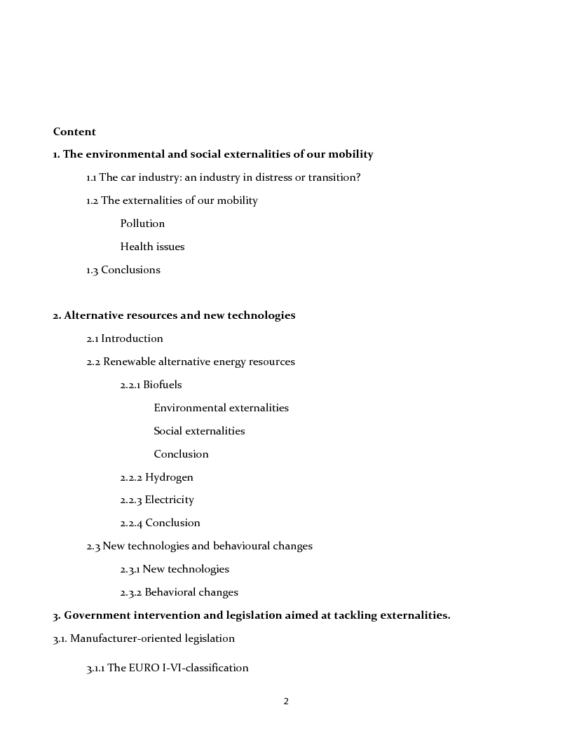 Indice della tesi: Externalities of the car industry and the road to a more sustainable mobilityEsternalità nell'industria automobilistica e i possibili interventi per una mobilità più sostenibile, Pagina 1