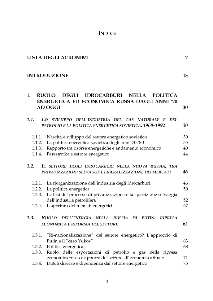 Indice della tesi: Gas e petrolio nello sviluppo della Russia contemporanea, Pagina 1