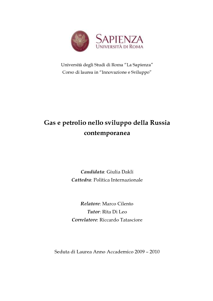 Anteprima della tesi: Gas e petrolio nello sviluppo della Russia contemporanea, Pagina 1
