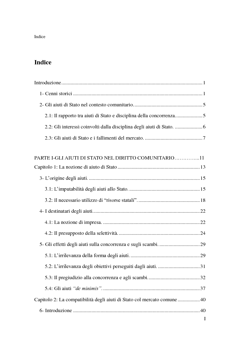 Indice della tesi: Gli aiuti di Stato nel diritto comunitario: l'esempio del settore dei trasporti aerei, Pagina 1