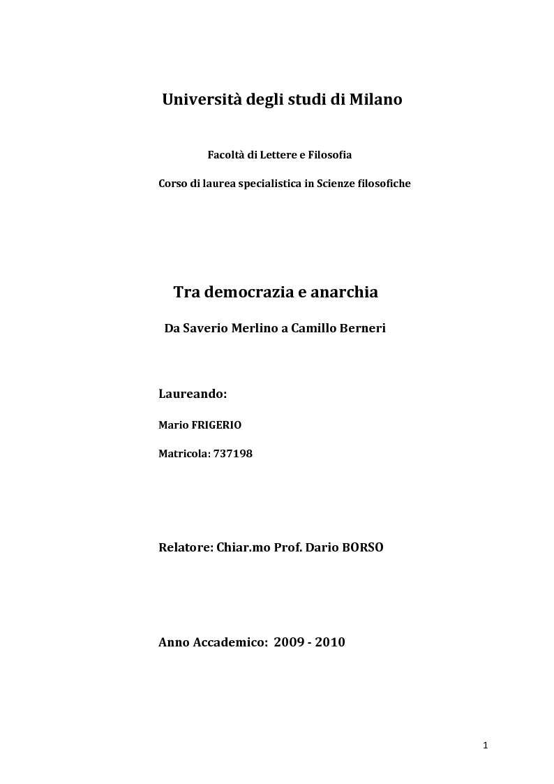 Anteprima della tesi: Tra democrazia e anarchia. Da Saverio Merlino a Camillo Berneri, Pagina 1