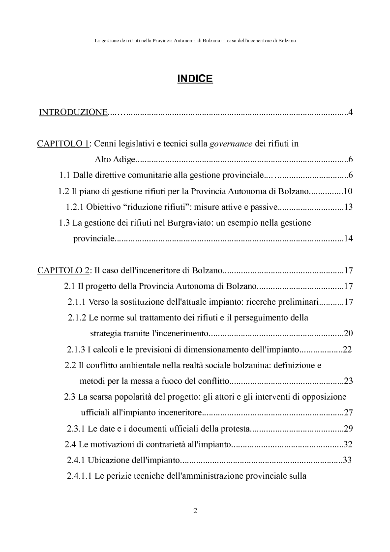Indice della tesi: La gestione dei rifiuti nella Provincia Autonoma di Bolzano: il caso dell'inceneritore di Bolzano, Pagina 1