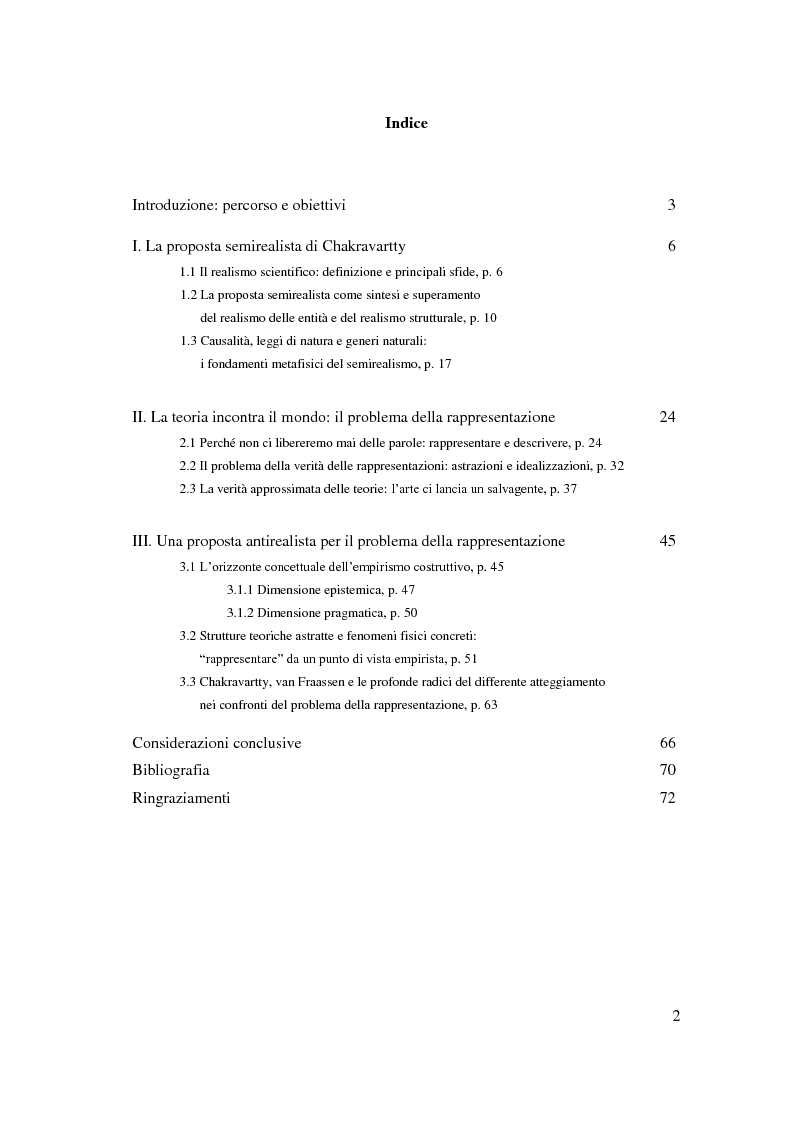 Indice della tesi: Il semirealismo di Chakravartty: il problema della rappresentazione, Pagina 1