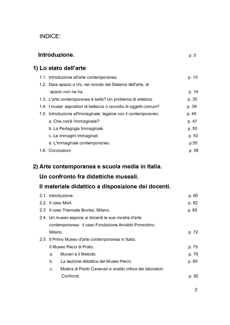 Indice della tesi: La pedagogia dell'arte contemporanea nelle scuole secondarie di primo e secondo grado: situazione, problemi, proposte, Pagina 1