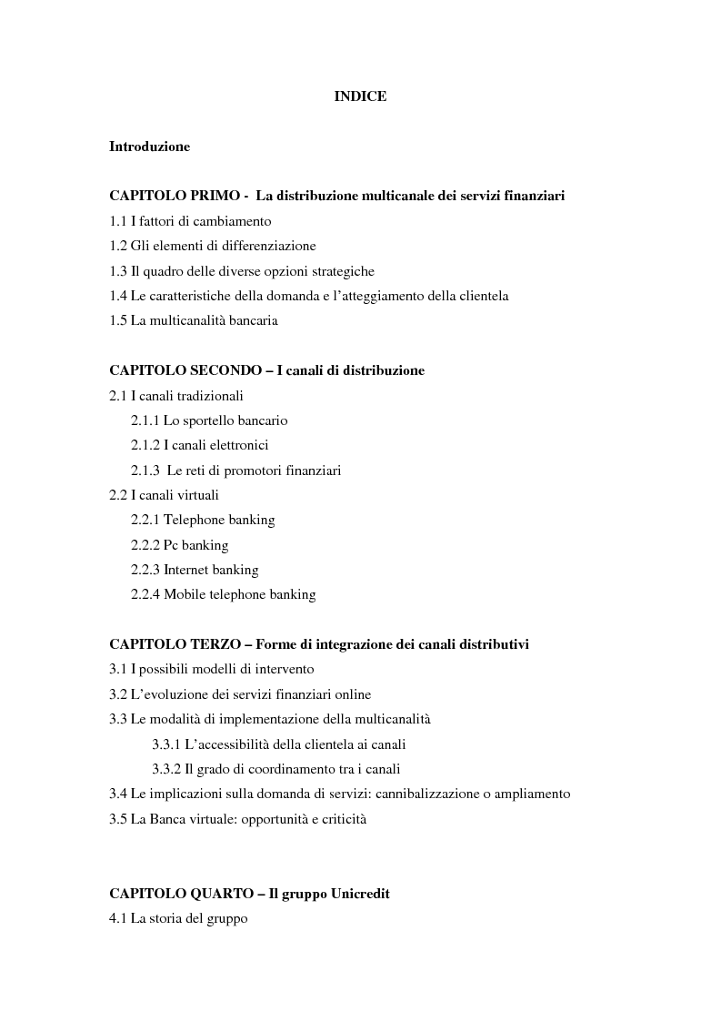 Indice della tesi: La multicanalità bancaria: modelli di integrazione e implicazioni operative, Pagina 1