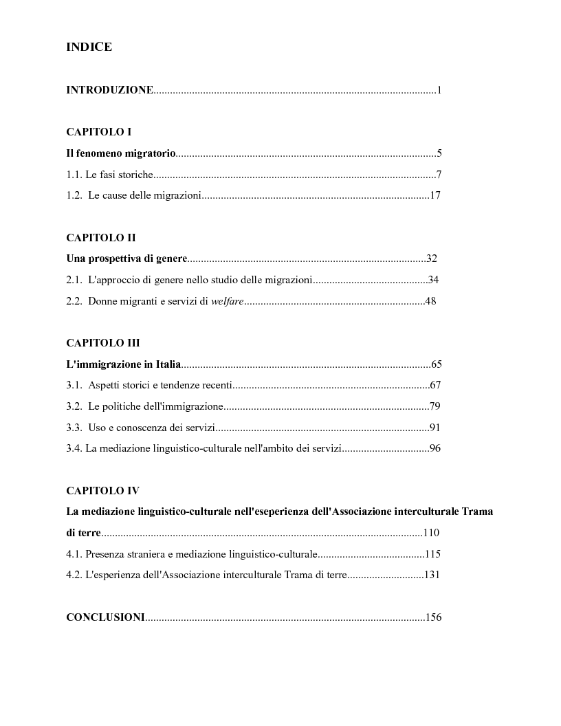 Indice della tesi: Donne migranti e mediazione linguistico-culturale: il caso dell'Associazione Trama di Terre, Pagina 1