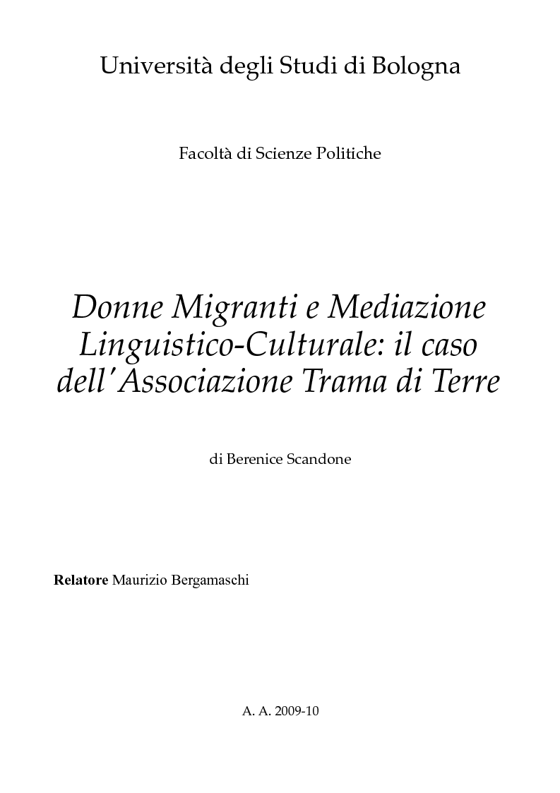 Anteprima della tesi: Donne migranti e mediazione linguistico-culturale: il caso dell'Associazione Trama di Terre, Pagina 1
