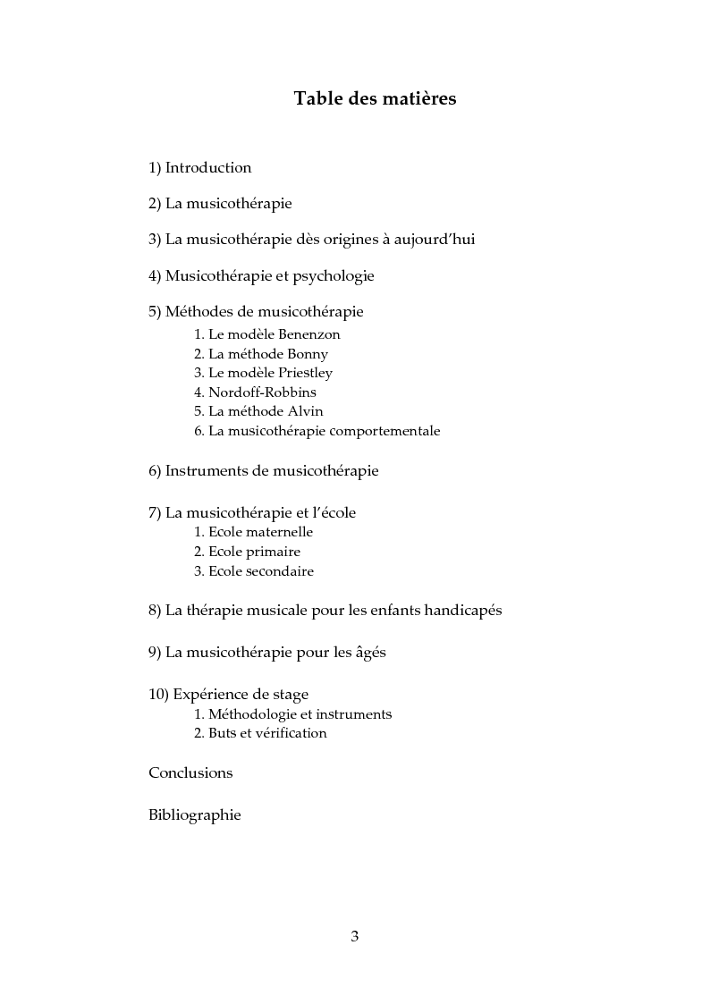 Indice della tesi: L’origine, les methodes, les instrument et les buts de la musicotherapie, Pagina 1