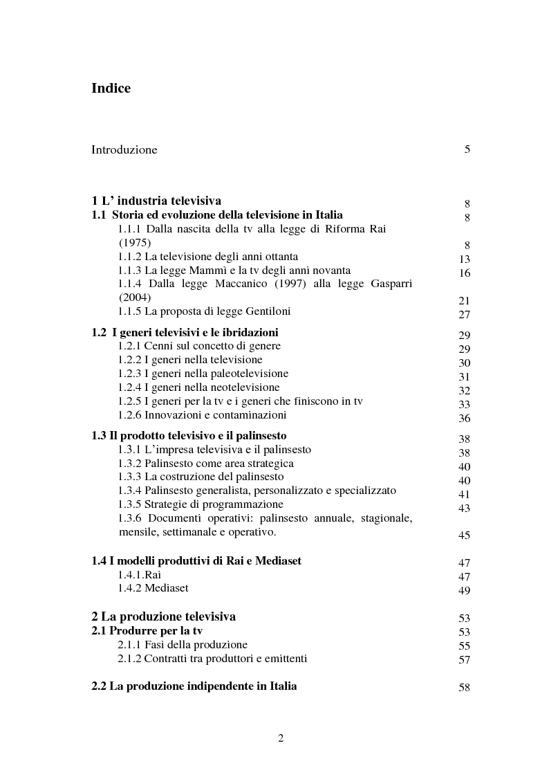 Indice della tesi: La produzione televisiva nell'epoca dei format, Pagina 1