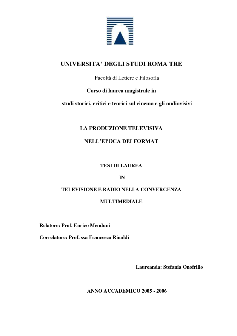 Anteprima della tesi: La produzione televisiva nell'epoca dei format, Pagina 1