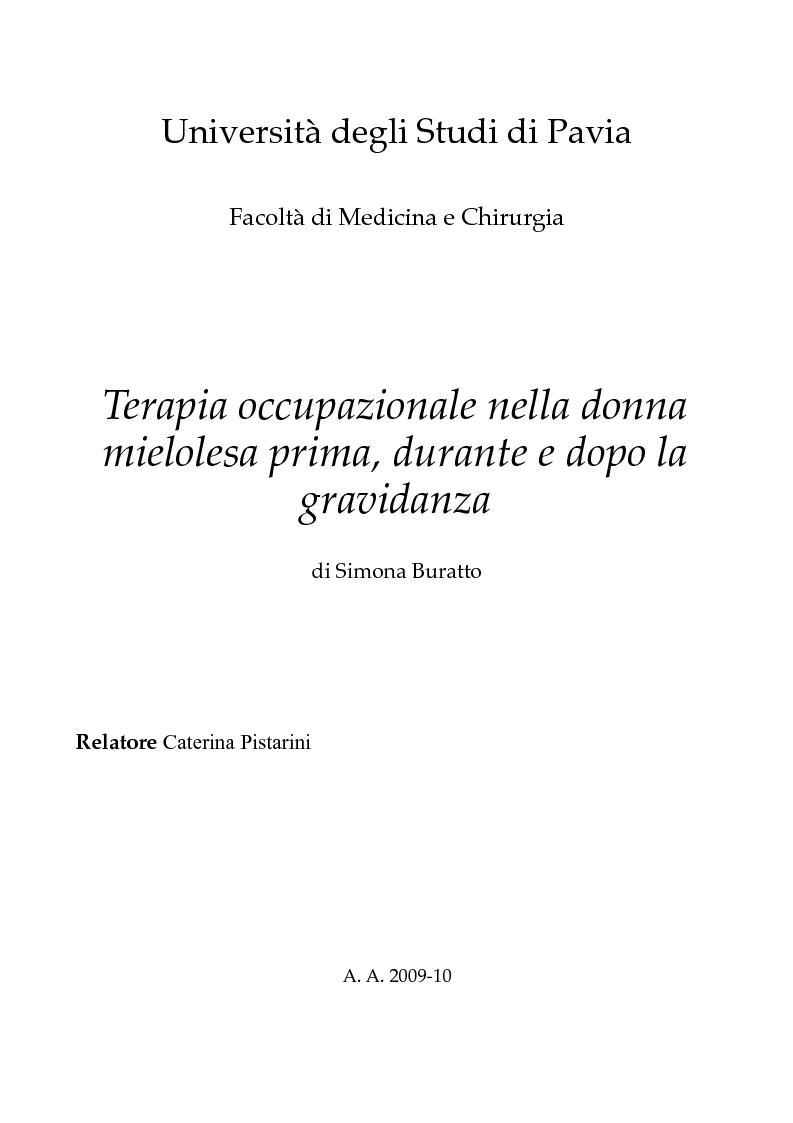 Anteprima della tesi: Terapia occupazionale nella donna mielolesa prima, durante e dopo la gravidanza., Pagina 1