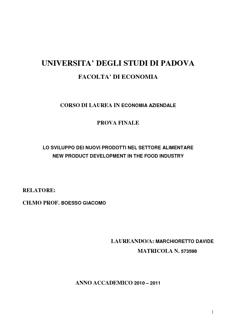 Anteprima della tesi: New Product Development in the food industry - Lo sviluppo di nuovi prodotti nel settore alimentare, Pagina 1