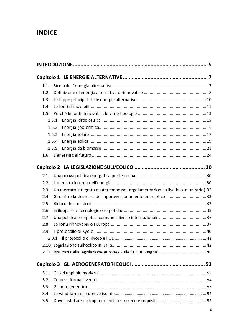 Indice della tesi: Le fonti di energia rinnovabile: il caso dell'eolico in Spagna, Pagina 1