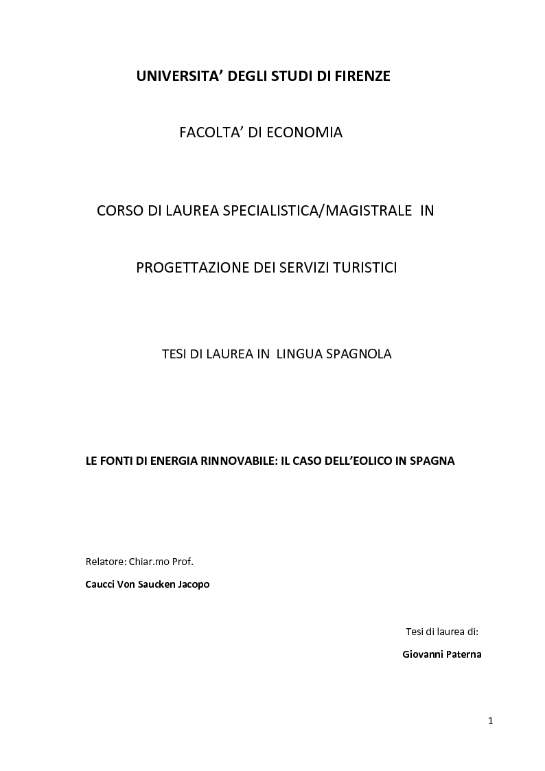 Anteprima della tesi: Le fonti di energia rinnovabile: il caso dell'eolico in Spagna, Pagina 1