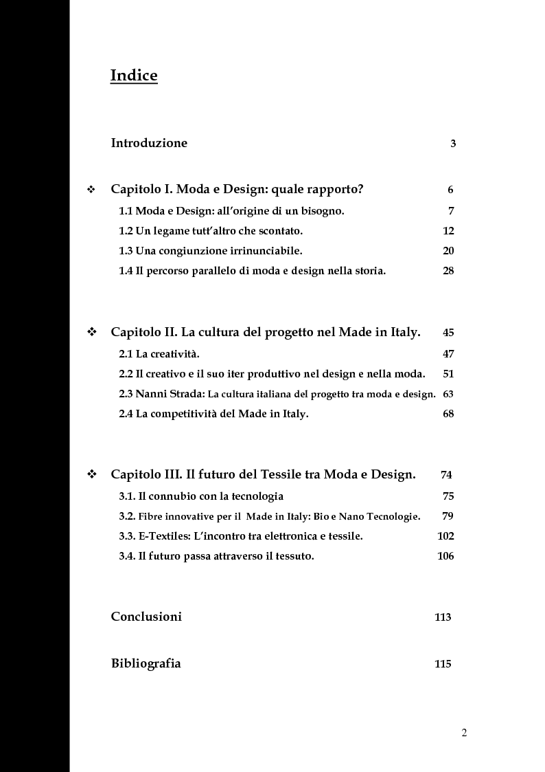 Indice della tesi: Le prospettive del tessile tra moda e design. La cultura del progetto come futuro per il made in Italy., Pagina 1