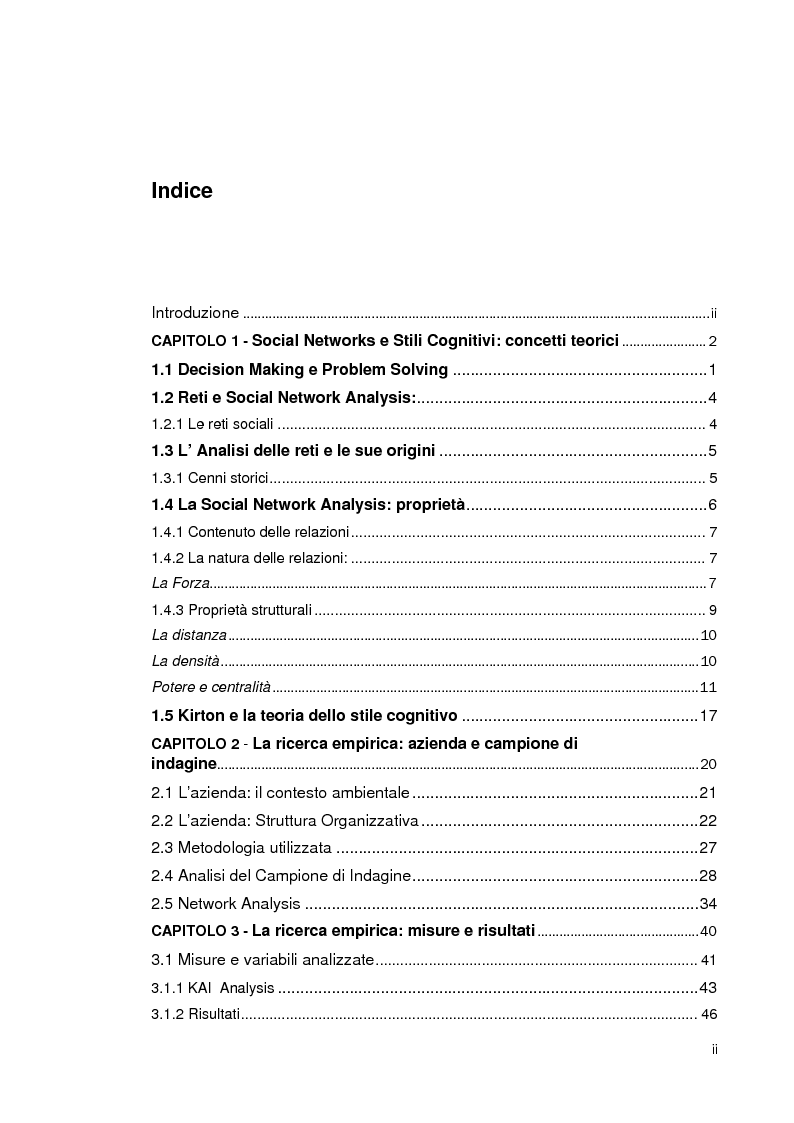 Indice della tesi: L'impatto dei Social Networks e degli stili cognitivi sulla performance: una ricerca empirica, Pagina 1