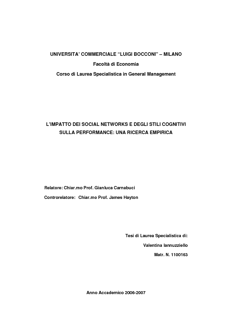 Anteprima della tesi: L'impatto dei Social Networks e degli stili cognitivi sulla performance: una ricerca empirica, Pagina 1