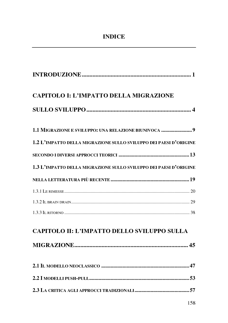Indice della tesi: Vincoli finanziari e vincoli di sviluppo alle migrazioni internazionali. Un approfondimento della migration hump, Pagina 1