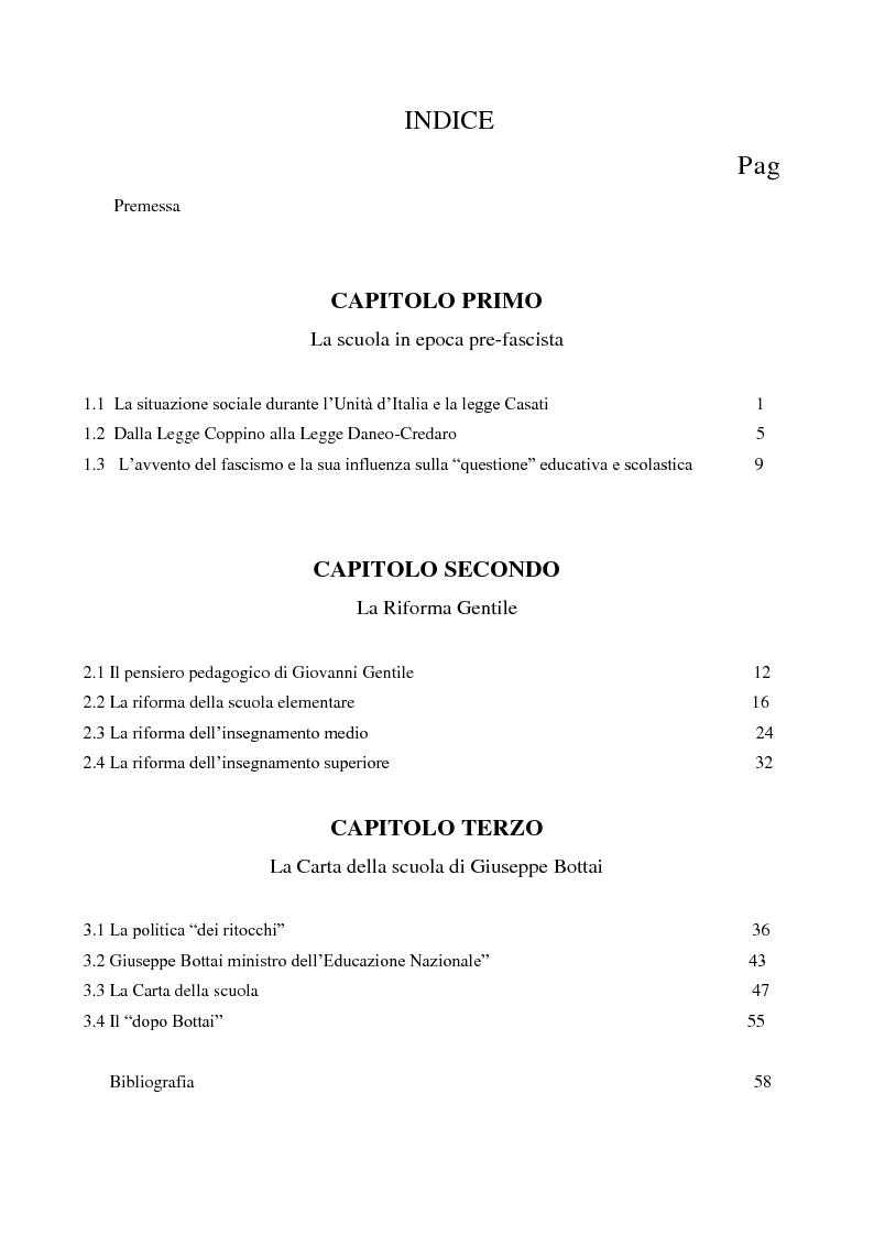 Indice della tesi: Il sistema scolastico ed educativo nel periodo fascista: dalla riforma Gentile alla Carta della scuola, Pagina 1
