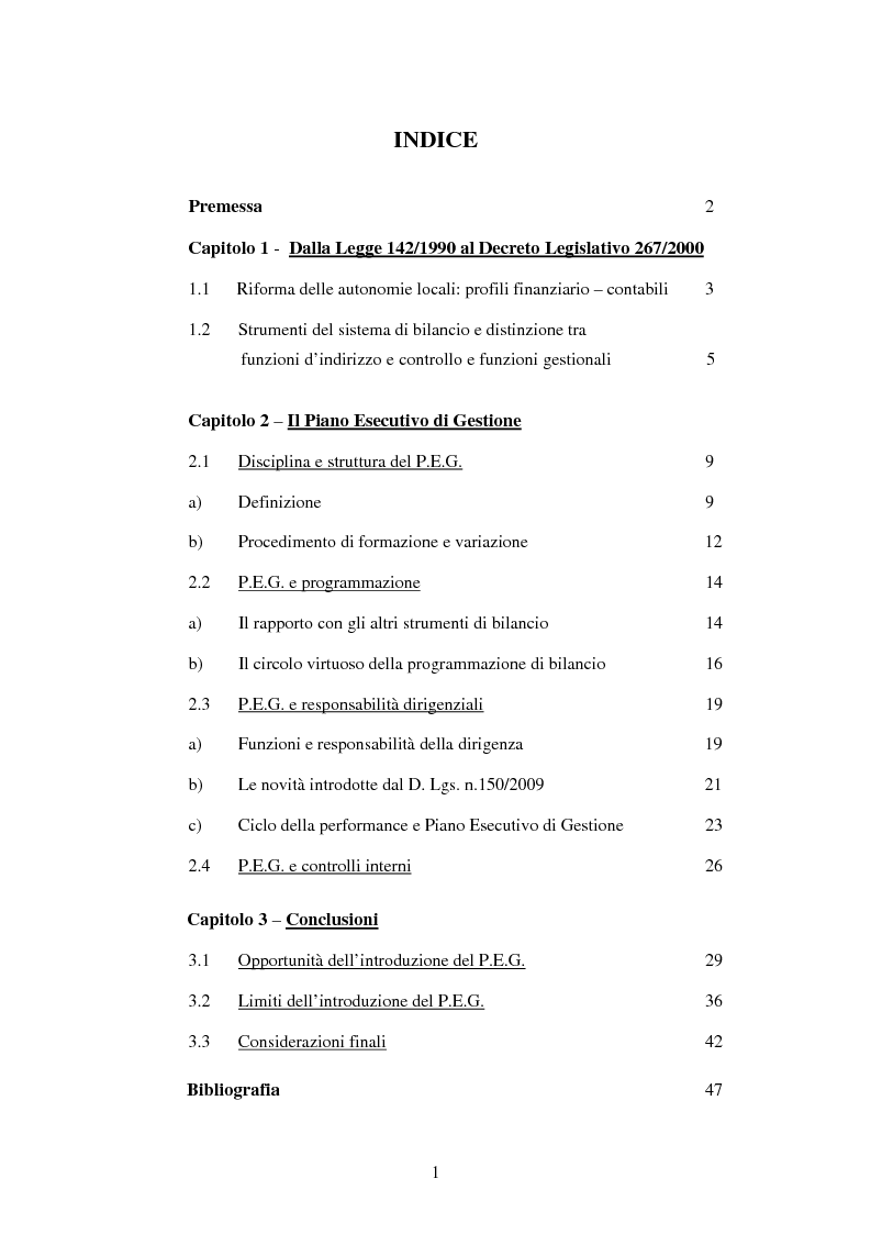 Indice della tesi: Opportunità e limiti dell'introduzione del Piano Esecutivo di Gestione nei Comuni di minori dimensioni, Pagina 1